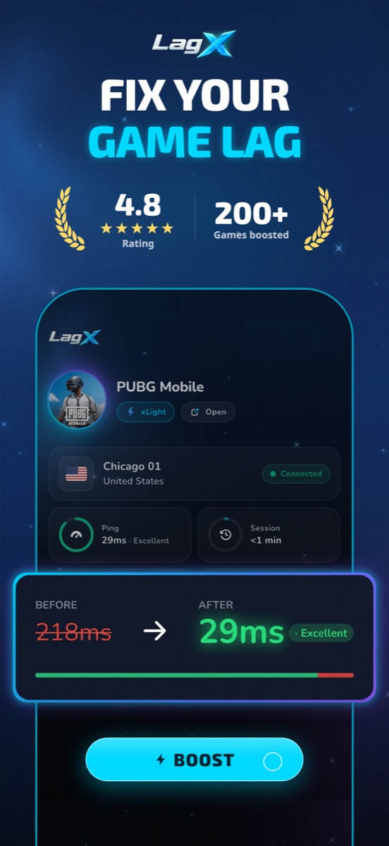 LagX home screen with the boost button