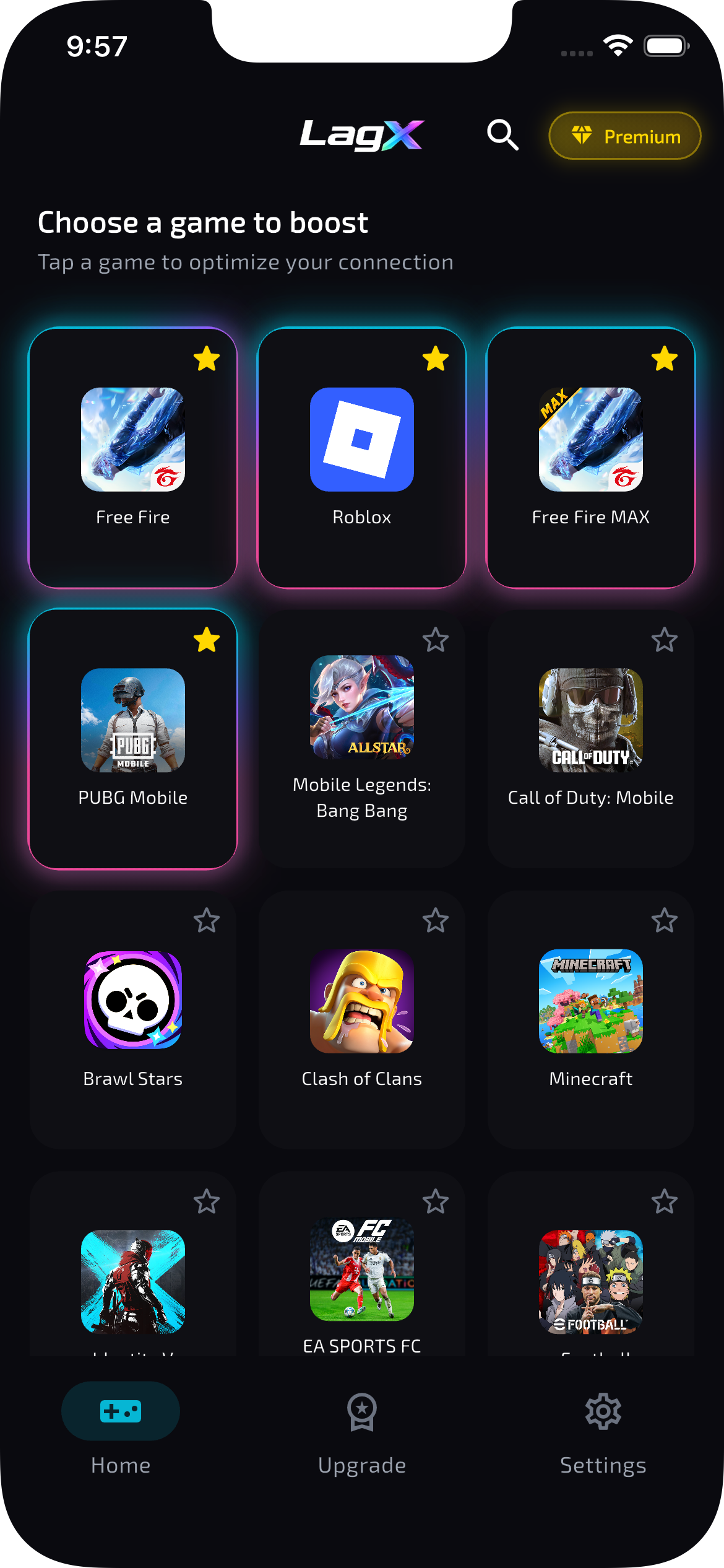 LagX Game Booster app showing game selection grid with Arena of Valor, PUBG Mobile, Roblox and more